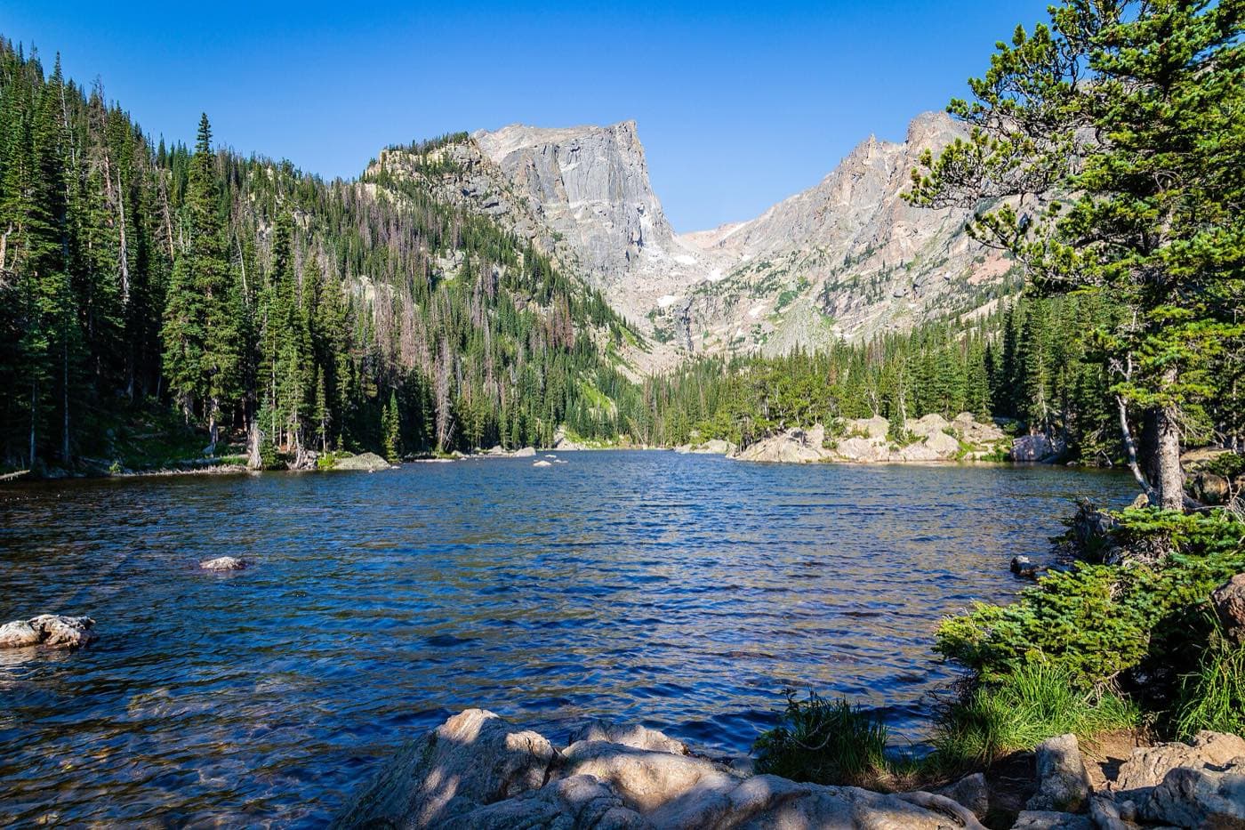 Hallett Peak above Dream Lake on a bluebird morning in Rocky Mountain National Park