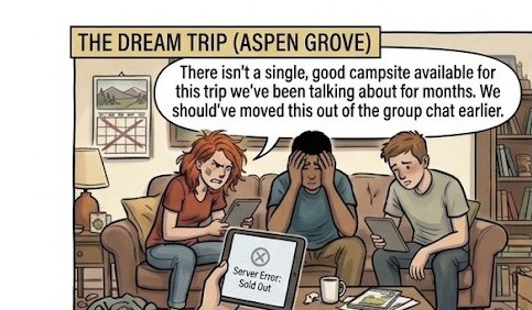 Comic panel: a family on the couch, every campsite for their dream trip sold out
