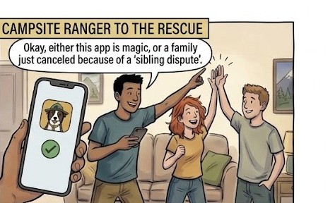 Comic panel: the Campsite Ranger alert lands and the family celebrates a booked site