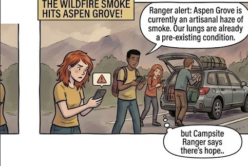 Comic panel: wildfire smoke drifts toward the campground, but the Ranger has already flagged clear alternatives