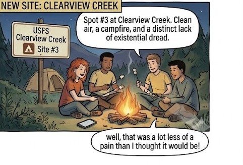 Comic panel: the family around a campfire at the new, smoke-free site